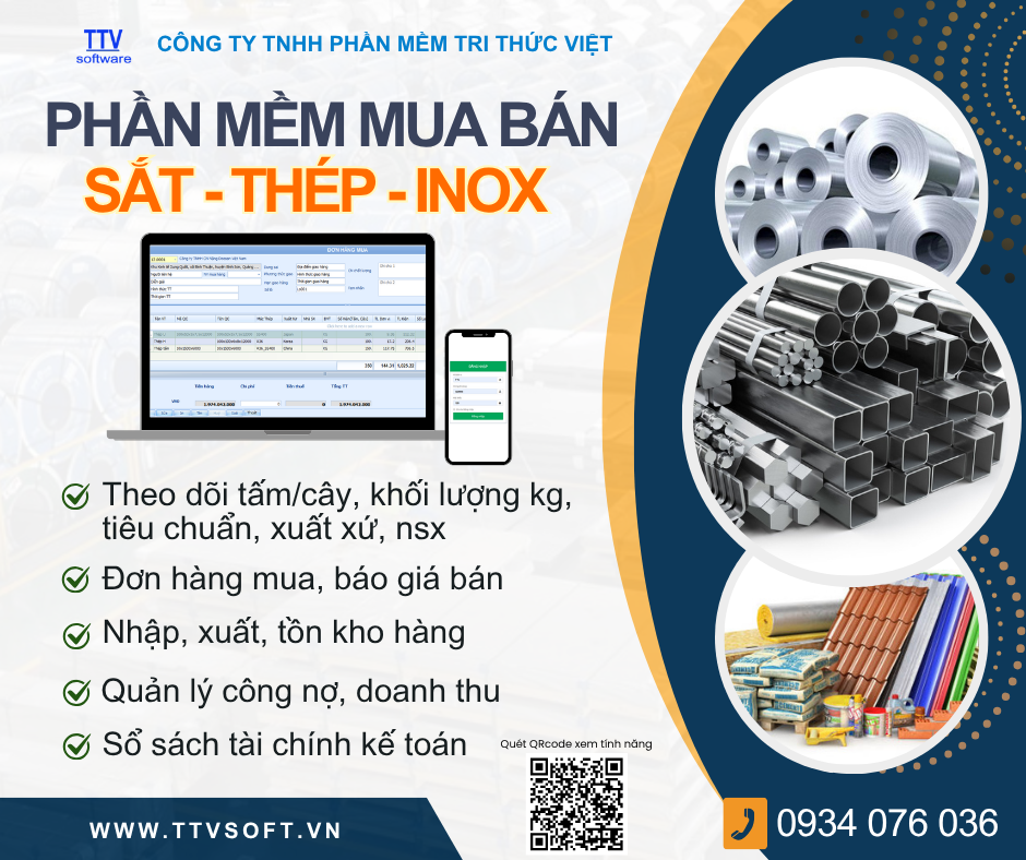 Phần mềm quản lý quy trình mua bán, gia công sắt, thép, inox và vlxd